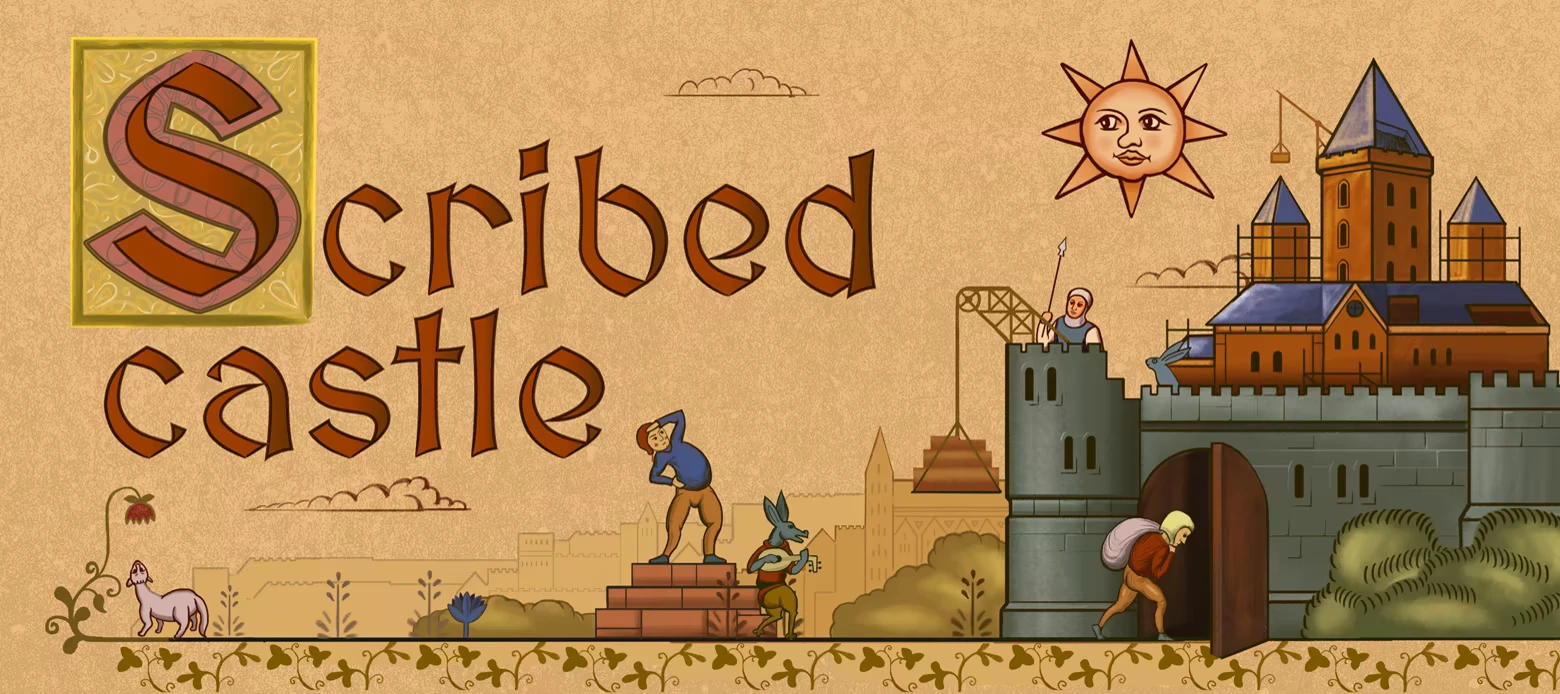 Scribed castle: Medieval scene with a castle, sun face, musicians, and ornate text on parchment.