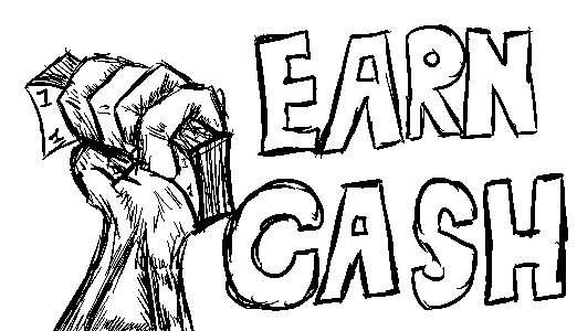 Earn Cash Screen – SCROOMAGE SCROOMAGE: Black-and-white sketch of a raised fist beside bold text “EARN CASH”.