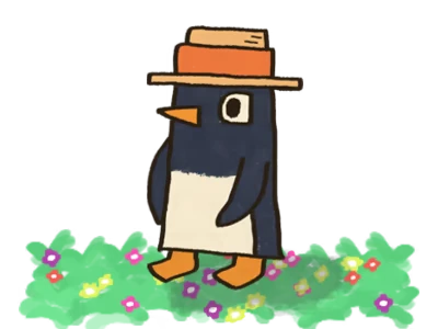 Scrub Dudes: Cartoon penguin in a straw hat stands on grass with colorful flowers.