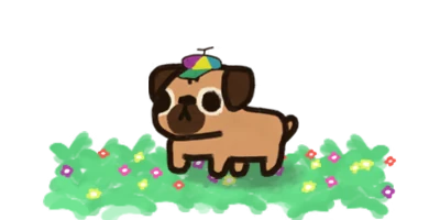 Scrub Dudes: Cartoon pug with a colorful hat stands on grass with small colorful flowers.