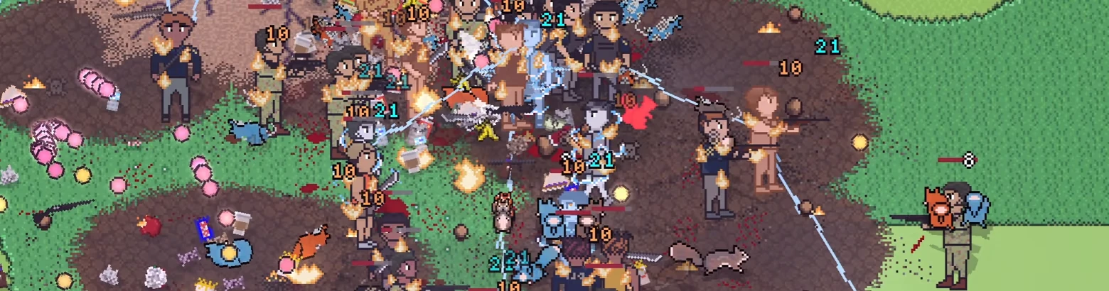 Scurry: Pixelated chaos with squirrels, soldiers, fire, and scattered trash on a golf course.