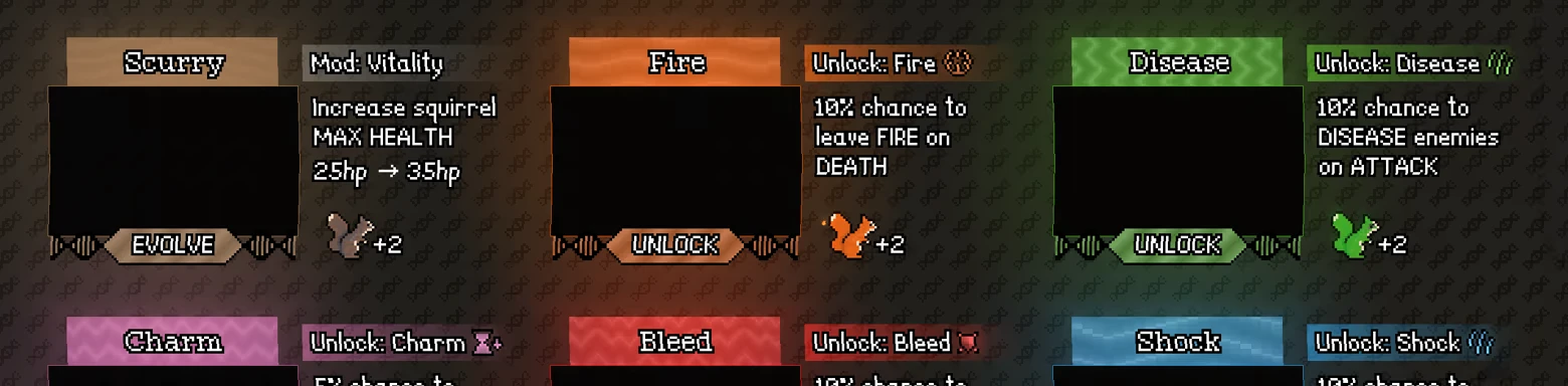 Scurry: Upgrade menu with options for Vitality, Fire, Disease, Charm, Bleed, and Shock abilities.