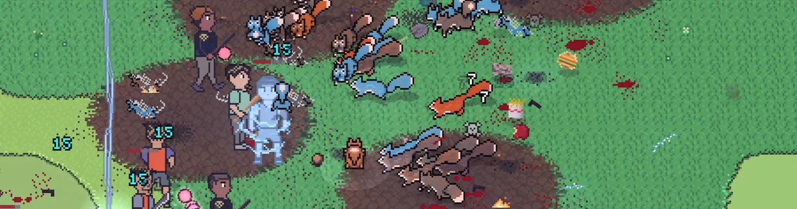 Scurry: Pixelated squirrels and humans on grass, with numbers and scattered debris.