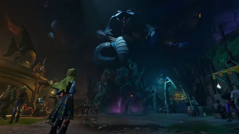 Sea of Remnants: A puppetfolk sailor faces a massive serpent statue in a bustling pirate city.