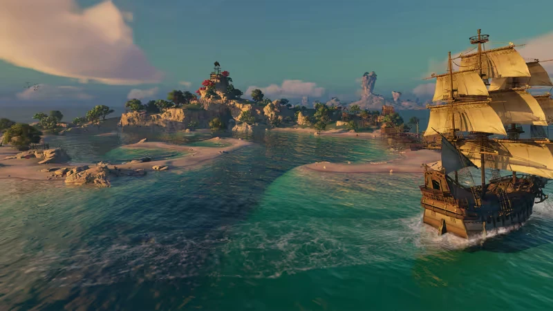 Sea of Remnants: A majestic ship sails near a lush island with sandy beaches and vibrant greenery.