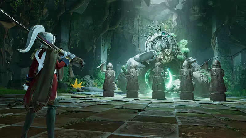 Sea of Remnants: A puppetfolk sailor faces a giant stone golem in a lush, ancient ruin.