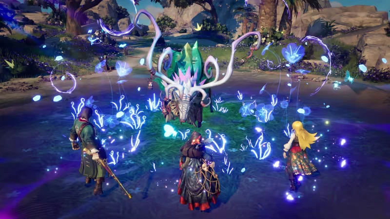 Sea of Remnants: Three characters face a glowing, antlered creature surrounded by blue lights.