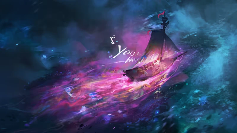 Sea of Remnants: A ship sails through vibrant pink and blue waters, with "Yo Ho" text above.