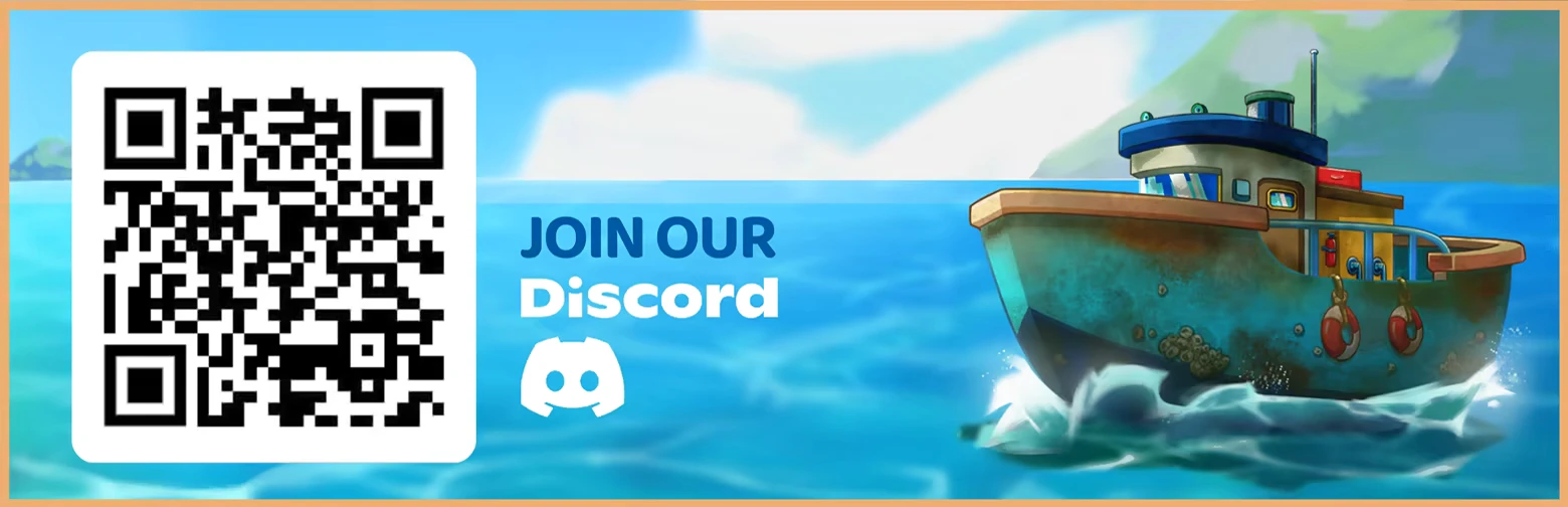 Discord Qr Code – Seaside Wash Seaside Wash: QR code beside “JOIN OUR Discord” text and a small boat on blue sea.