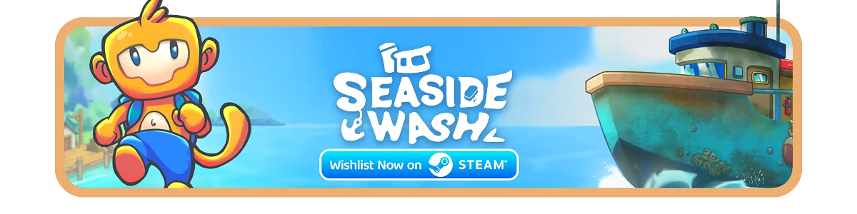 Monkey Mascot Banner – Seaside Wash Seaside Wash: Cartoon monkey, logo text, Steam wishlist button, and rusty boat bow.