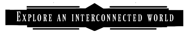 Seekers Aeterna: Text reads "Explore an interconnected world" in white serif font on black.