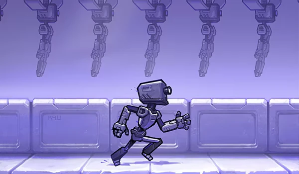 Robot Run Cycle – Self Simulated Self Simulated: Robot runs in purple corridor, with hanging robotic arms above.