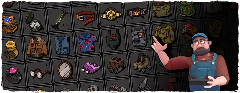 Gear Inventory Screen – Senior Survival Club Senior Survival Club: Inventory grid of gear icons with bearded man in blue overalls pointing.