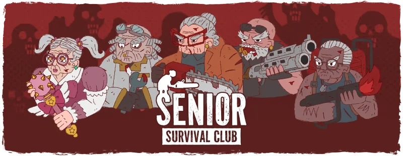 Survivor Seniors Lineup – Senior Survival Club Senior Survival Club: Five armed seniors above bold white SENIOR SURVIVAL CLUB title.