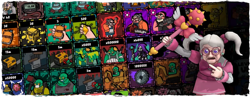 Upgrade Card Grid – Senior Survival Club Senior Survival Club: Granny in pink holds spiked wand; colorful upgrade cards with numbers behind.