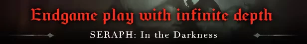 SERAPH: Red gothic text reads "Endgame play with infinite depth" above game title.