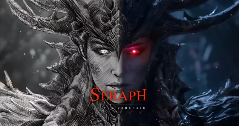SERAPH: A dual-faced armored figure with glowing red eye; title text "SERAPH: IN THE DARKNESS".