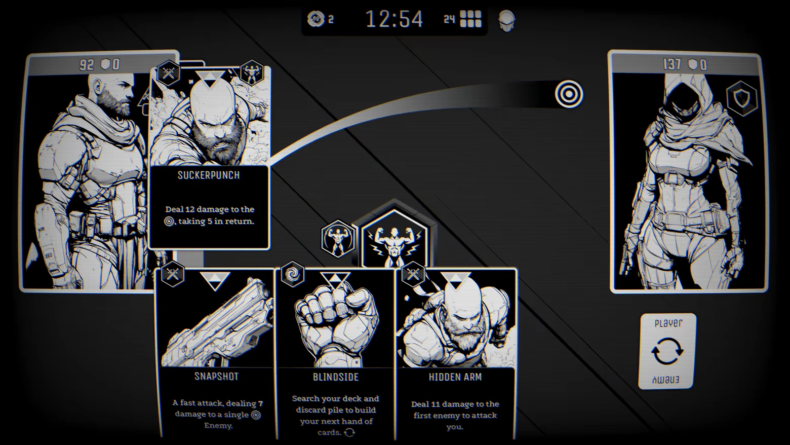 Shadows Across The Sun: Card battle UI with Suckerpunch tooltip and two character portraits.