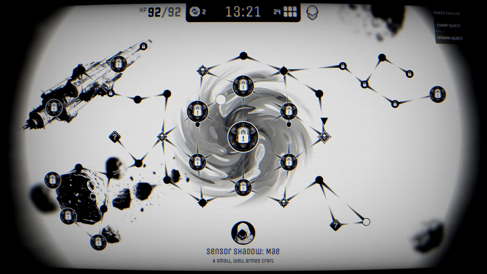 Shadows Across The Sun: Star map with locked nodes, ship icons, and HP 92/92 timer UI.