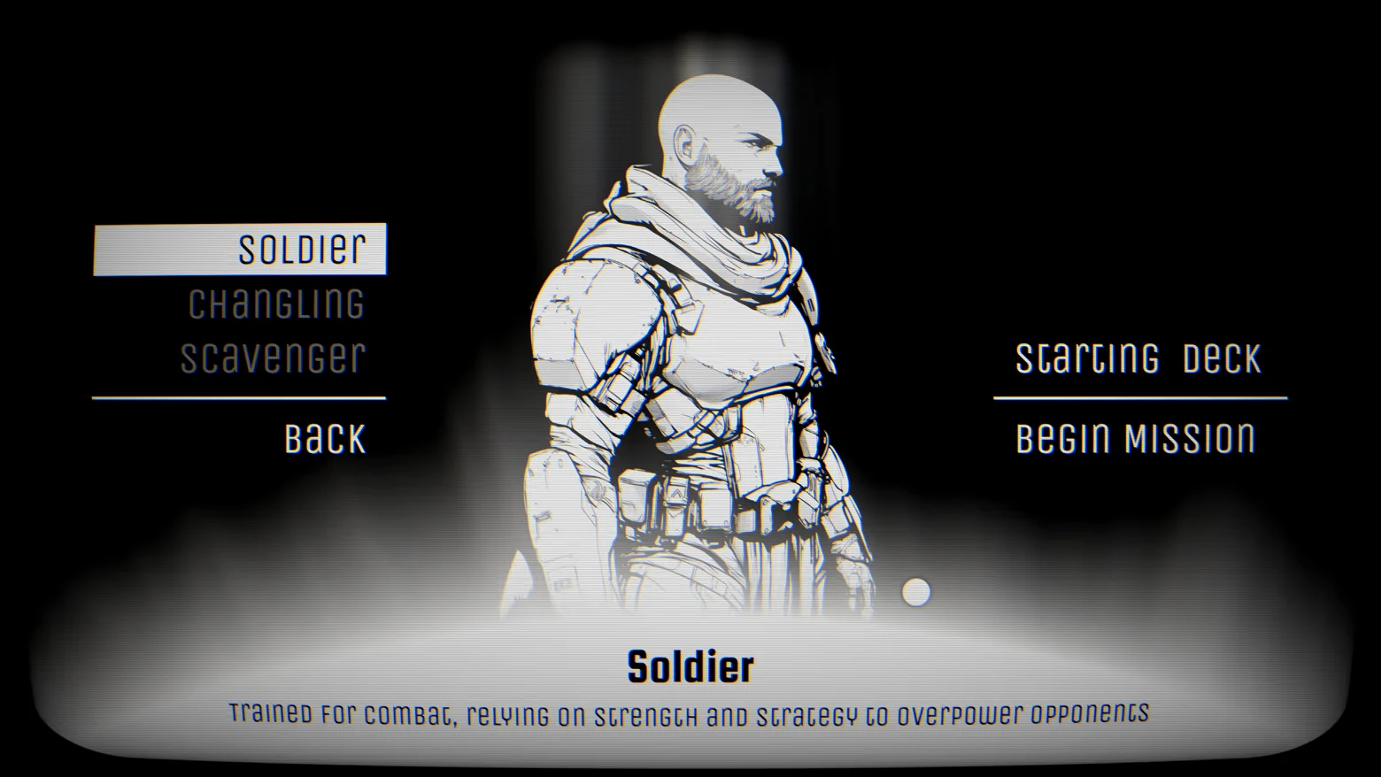 Shadows Across The Sun: Class select screen with armored bald soldier, “SOLDIER” highlighted.
