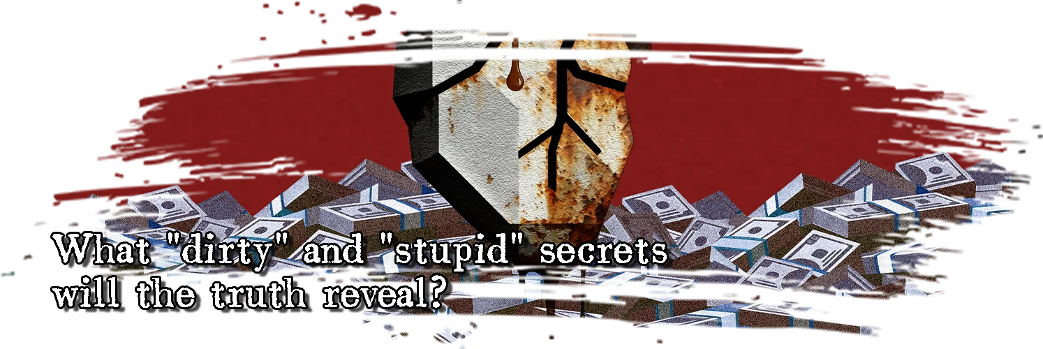 Shanwen: Cracked stone with brown drips over cash piles; text: What "dirty" secrets?.