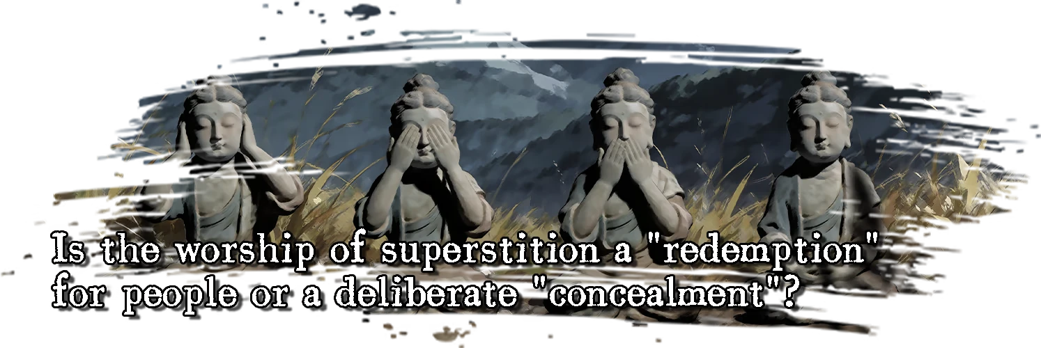 Shanwen: Four stone statues with hands over ears, eyes, mouth; quote text below.