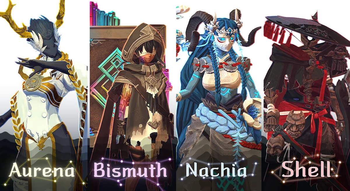 Shape of Dreams: Four distinct characters, each with unique attire and names: Aurena, Bismuth, Nachia, Shell.