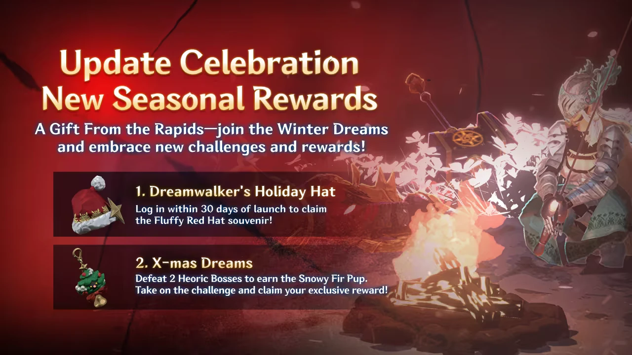 Shape of Dreams: Update celebration text with rewards, knight by campfire, and floating hammer.