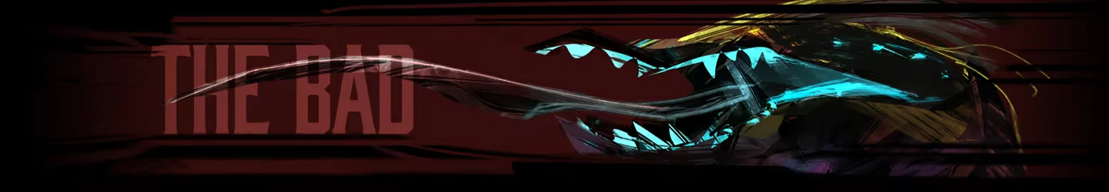 Shardpunk 2: Red banner with large text “THE BAD” and a snarling cyan-lit beast head.