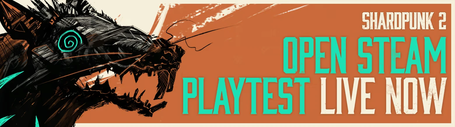 Shardpunk 2: Black snarling rat with teal eye; text “OPEN STEAM PLAYTEST LIVE NOW”.