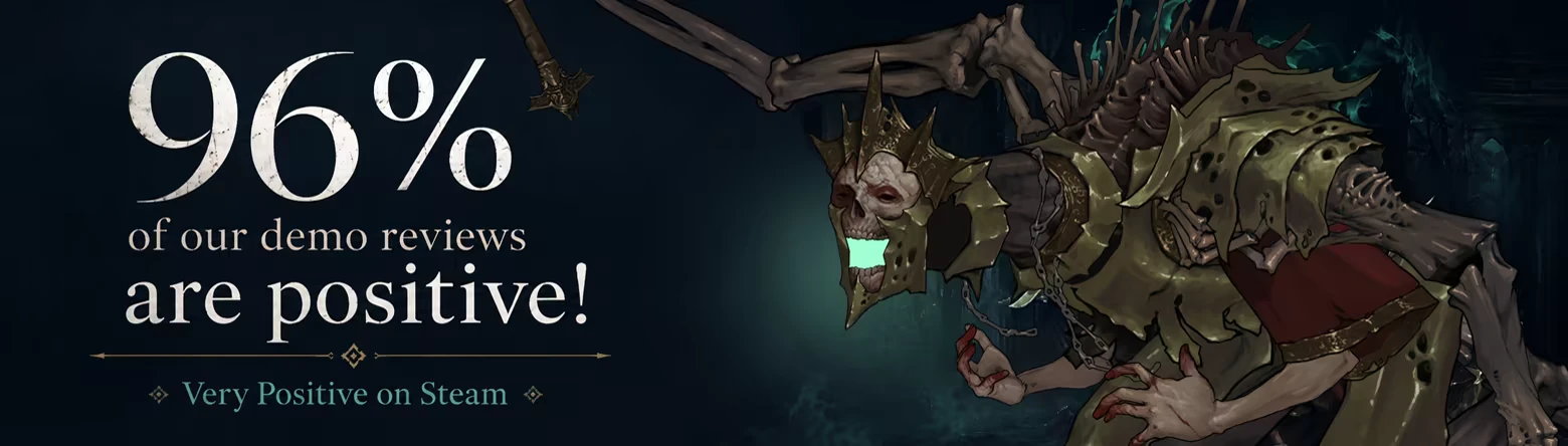 Positive Review Banner – Shards of Order Shards of Order: “96% of our demo reviews are positive!” with armored skeleton knight.