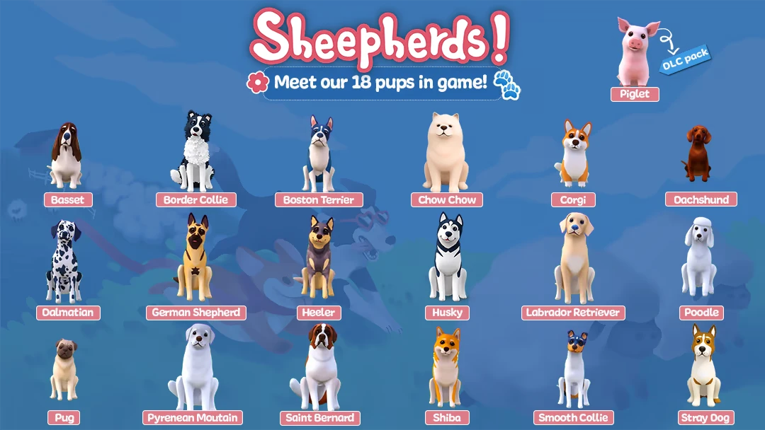 Sheepherds!: Cartoon dogs and a piglet labeled with names on a blue background, "Sheepherds!" in pink.