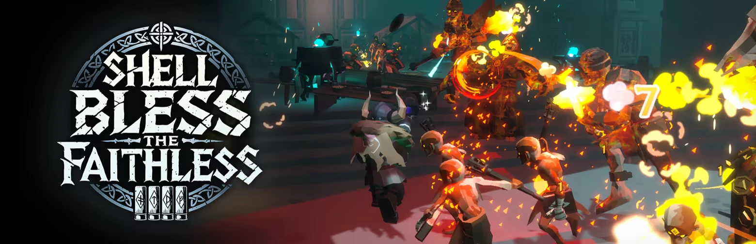 Fiery Combat Scene – Shell Bless the Faithless Shell Bless the Faithless: Viking warrior battles fiery enemies, bold logo on left, flames everywhere.