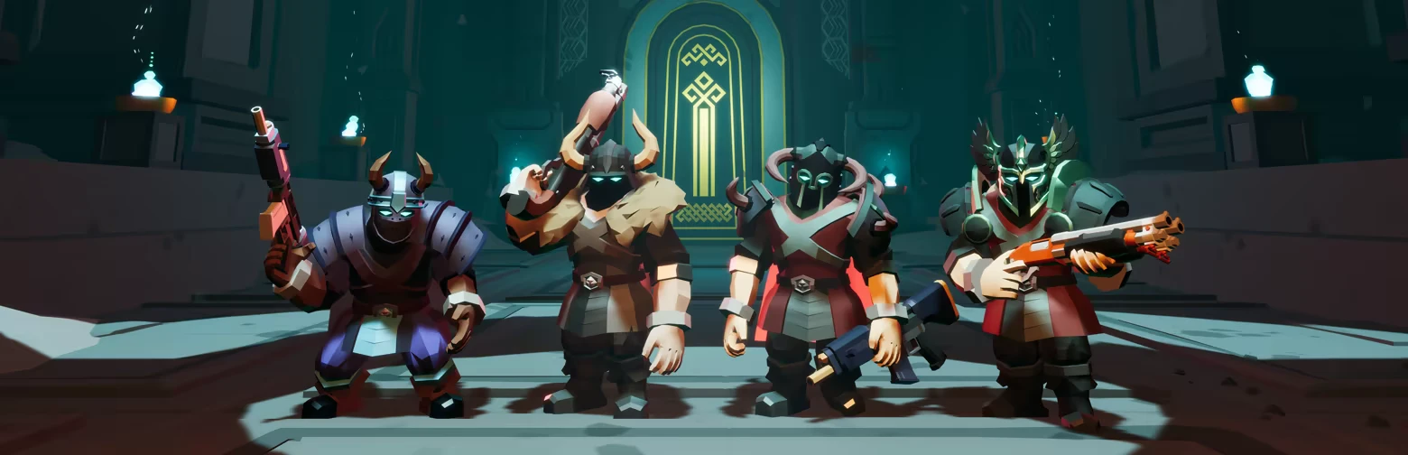 Viking Warriors – Shell Bless the Faithless Shell Bless the Faithless: Four armored warriors with guns stand before a glowing archway.