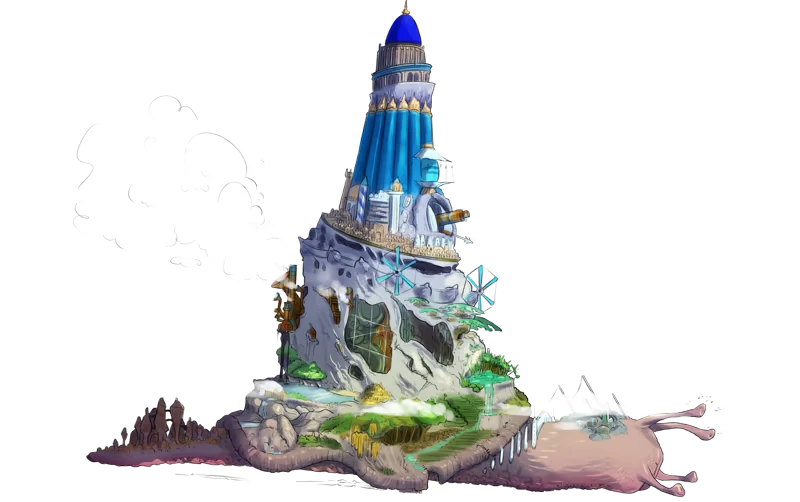 Snail Citadel – Shellbound Shellbound: Towering city on a giant snail, with vibrant greenery and intricate architecture.