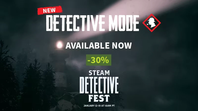 She's Leaving: "New Detective Mode" text over a dark forest scene with a glowing lighthouse.
