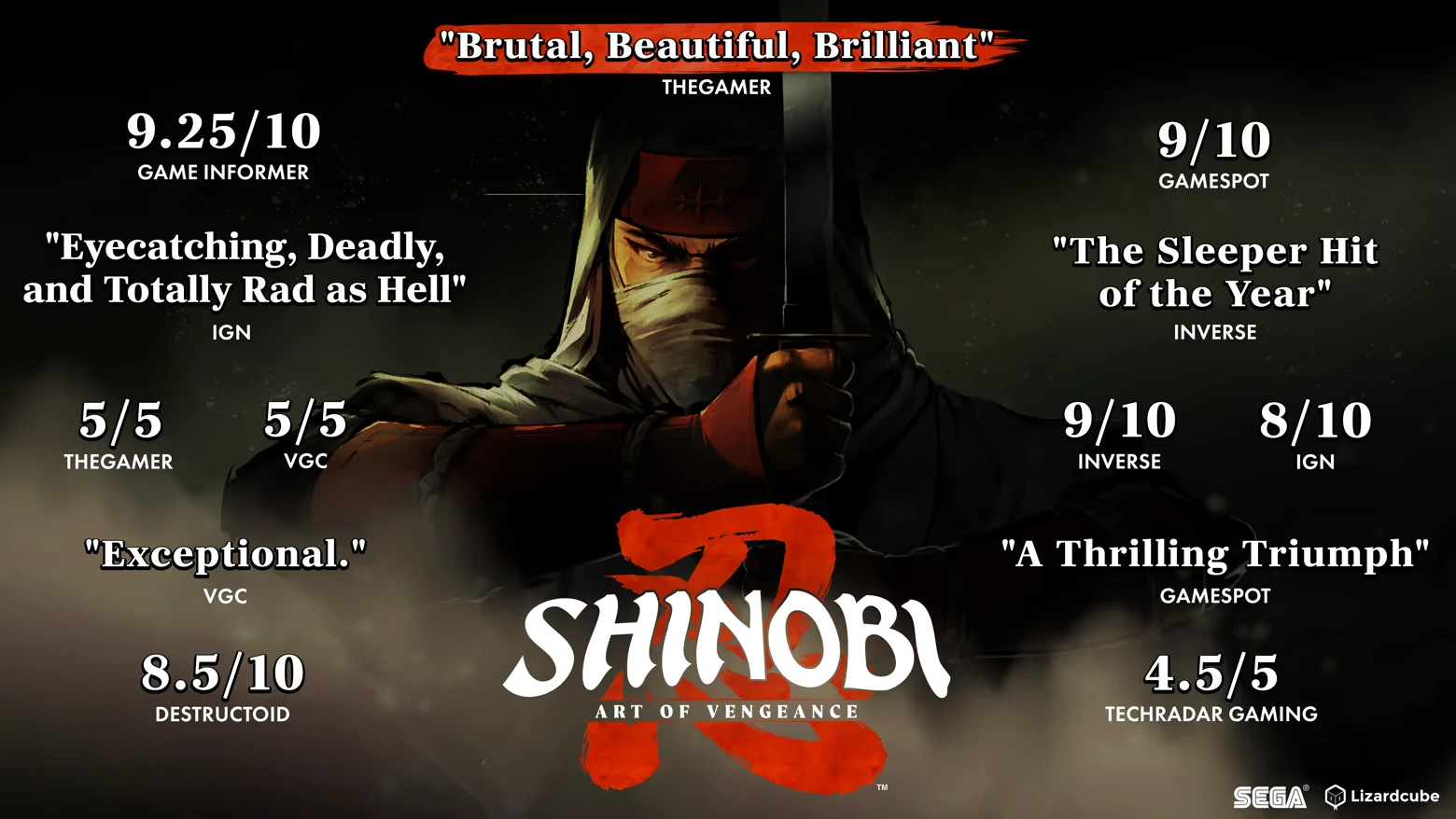 SHINOBI: Ninja with sword, reviews and ratings from IGN, GameSpot, and others surround logo.