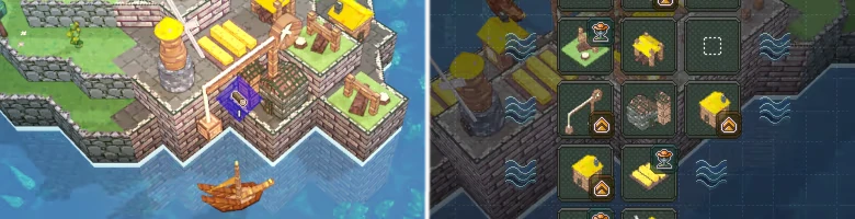 Building Menu – Shipolis Shipolis: Island docks with crane and boat; right-side grid UI with building icons.
