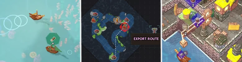 Export Route Map – Shipolis Shipolis: Three panels showing boats, export route map, and dockside cargo paths UI.