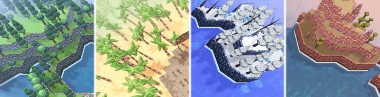 Island Biomes – Shipolis Shipolis: Four map tiles: forest coast, palm beach, snowy island, red canyon shore.