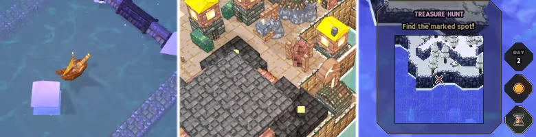 Treasure Hunt Map – Shipolis Shipolis: Boat by stone dock; UI says “TREASURE HUNT” with map and Day 2 icons.