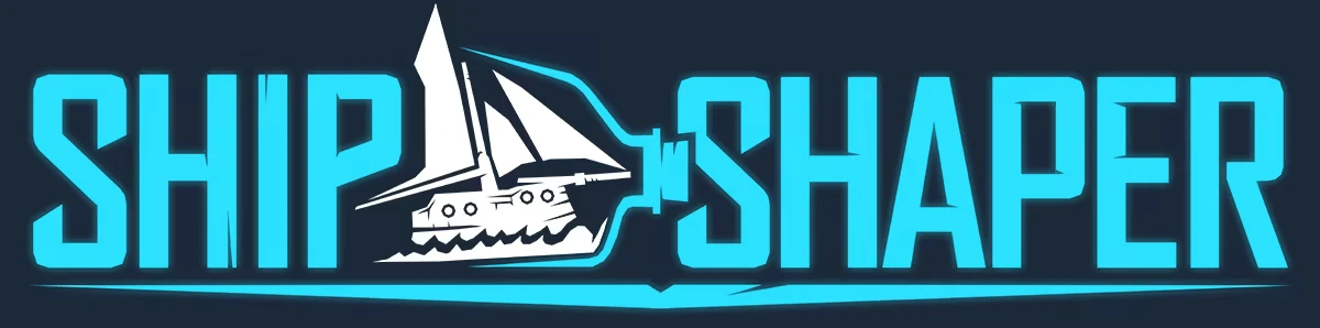 ShipShaper: Cyan SHIP SHAPER logo with white sailboat icon on dark blue background.