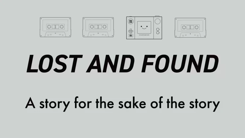 Short Short Fictions: “LOST AND FOUND” with cassette icons and a smiling handheld console above.