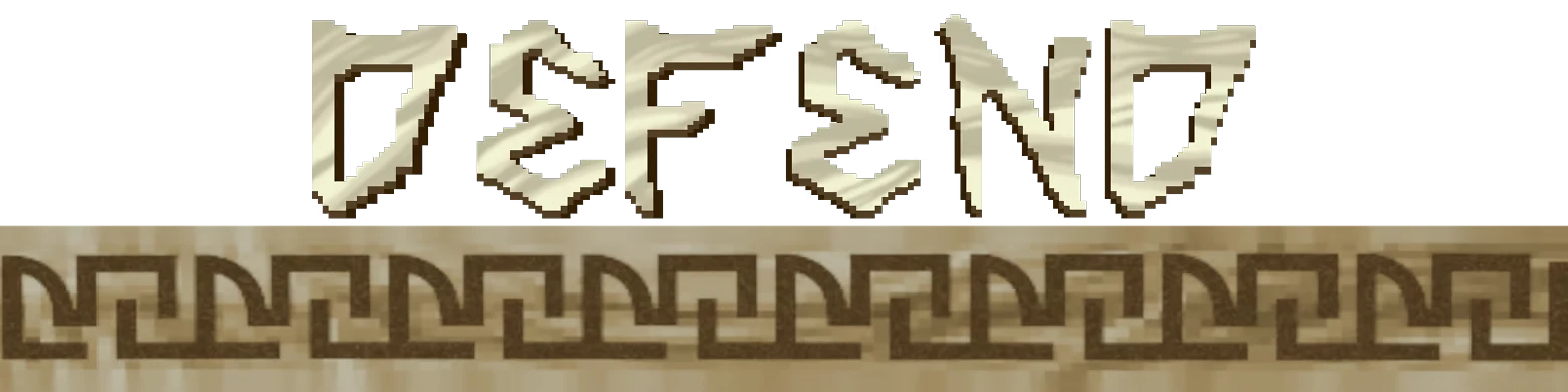 Shrapnel Sentinel: Stylized text "DEFEND" above a geometric patterned border on a beige background.