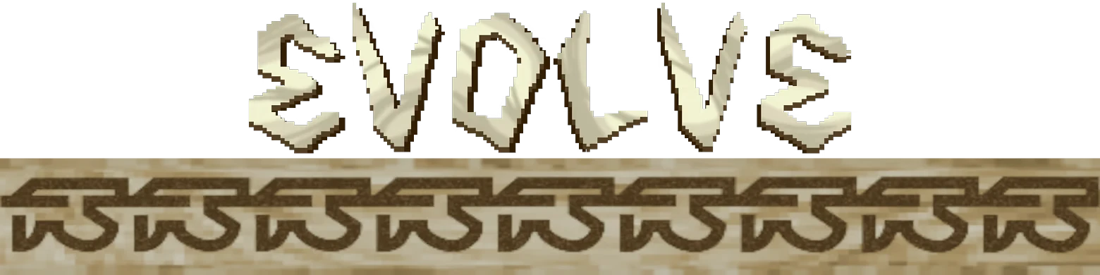 Shrapnel Sentinel: "EVOLVE" in jagged, stone-like font above a patterned brown and beige border.