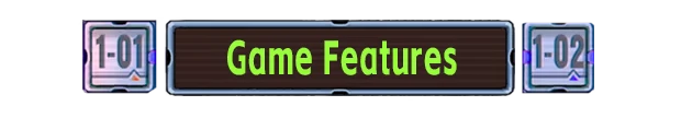 Shrink Rooms: Central panel with "Game Features" in green text, flanked by "1-01" and "1-02".
