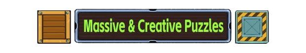 Shrink Rooms: Wooden crate, text "Massive & Creative Puzzles" in green, metal crate.