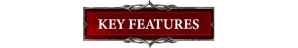 Key Features – Sil and the Fading World Sil and the Fading World: Red banner with "KEY FEATURES" in bold white text, ornate silver trim.