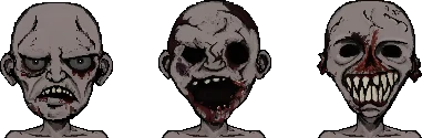 Sin or Suffer: Three pixelated pale faces with black eyes and bloody mouths on black background.