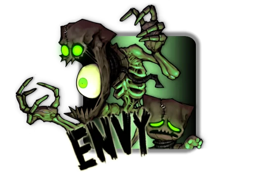 Sincognito: A skeletal creature with glowing green eyes and "ENVY" text in bold, jagged letters.